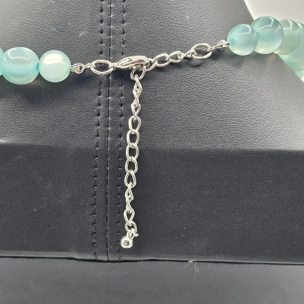 Seafoam Green Blue Cat Eye Graduated Bead Necklace Silver Tone Adjustable Clasp